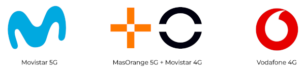 Logos cobertura Movistar 5G, MasOrange 5G i Vodafone 4G